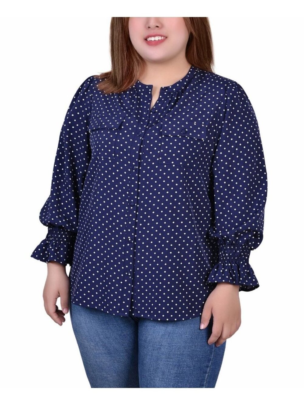 Ny Collection Womens Long Sleeve Y Neck Blouse Navy White Dot Plus Size 1X NWT